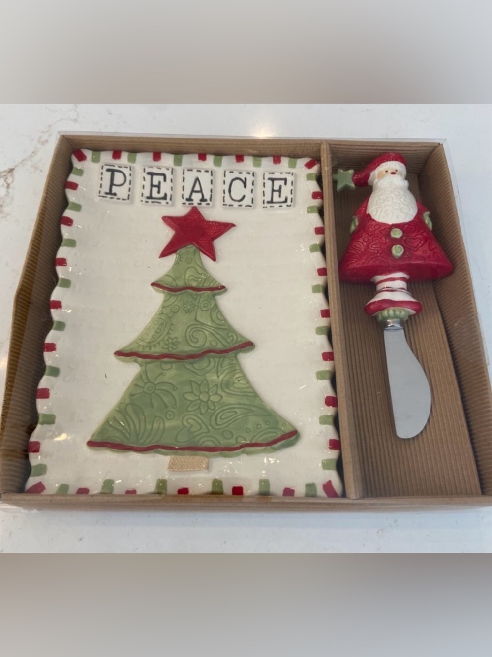 Christmas Tree Cheese Plate Appetizer Platter 2 Piece PEACE Set 8” NEW